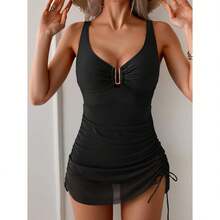 Women's Swimdress Swimsuit Mesh One Piece Tummy Control V Neck Bathing Suit U Ring Drawstring Swimwear For Women - 多色641 - 查看 3