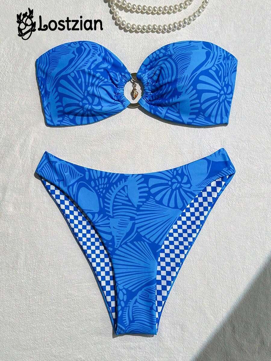 2026 性感优雅女士比基尼泳衣/时尚蓝色无肩带（无胸垫）泳装/聚酯纤维面料，海洋贝壳印花图案，格子印花衬里/胸前海螺吊坠泳衣/高衩泳裤/海滩度假/泳池派对/情人节/狂欢节/性感休闲装