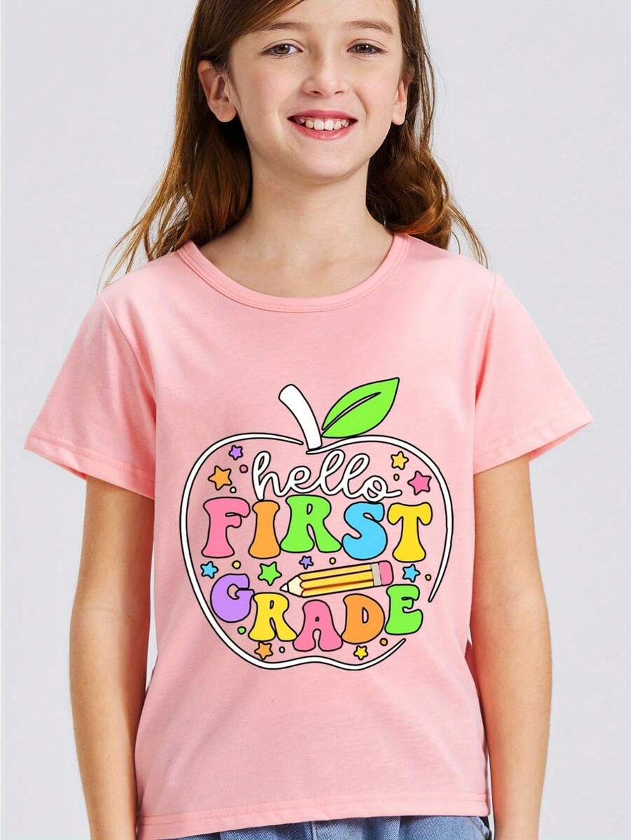 Camiseta informal de verano para niña con estampado de corazón, lápiz y "CP Team"; mangas cortas, cuello redondo, corte cómodo - estilo juvenil - Rosa - Ver 1
