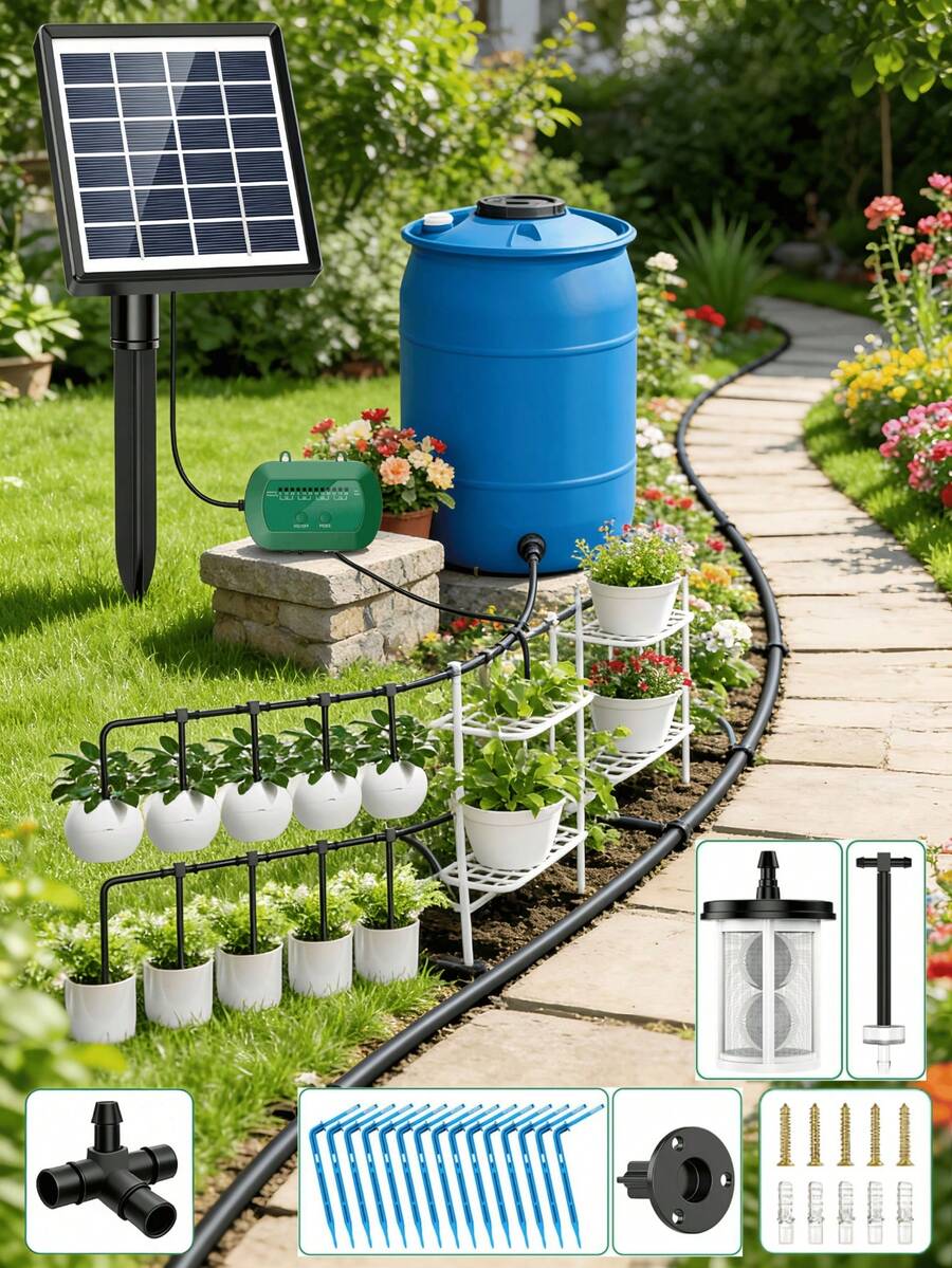 Solar Automatic Watering Kit For Garden, Automatic Drip Watering System With 15 M Watering Hose, Automatic Watering Timer For Holidays, Balconies, Flower Pots, Plants - A - View 1