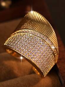 1pc Gorgeous Big Geometry Shiny Cubic Zirconia Wedding Rings,Elegant Romantic Unique Design Adjustable Ring,Suitable For Daily Wear,Engagement Banquets Clothing Jewelry Accessory And Gift - Yellow Gold - View 7