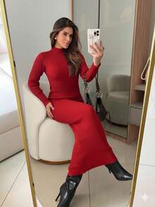 RIBBED DRESS WITH ELEGANT SLEEVES HIGH QUALITY MODAL AUTUMN AND WINTER - Red - View 2