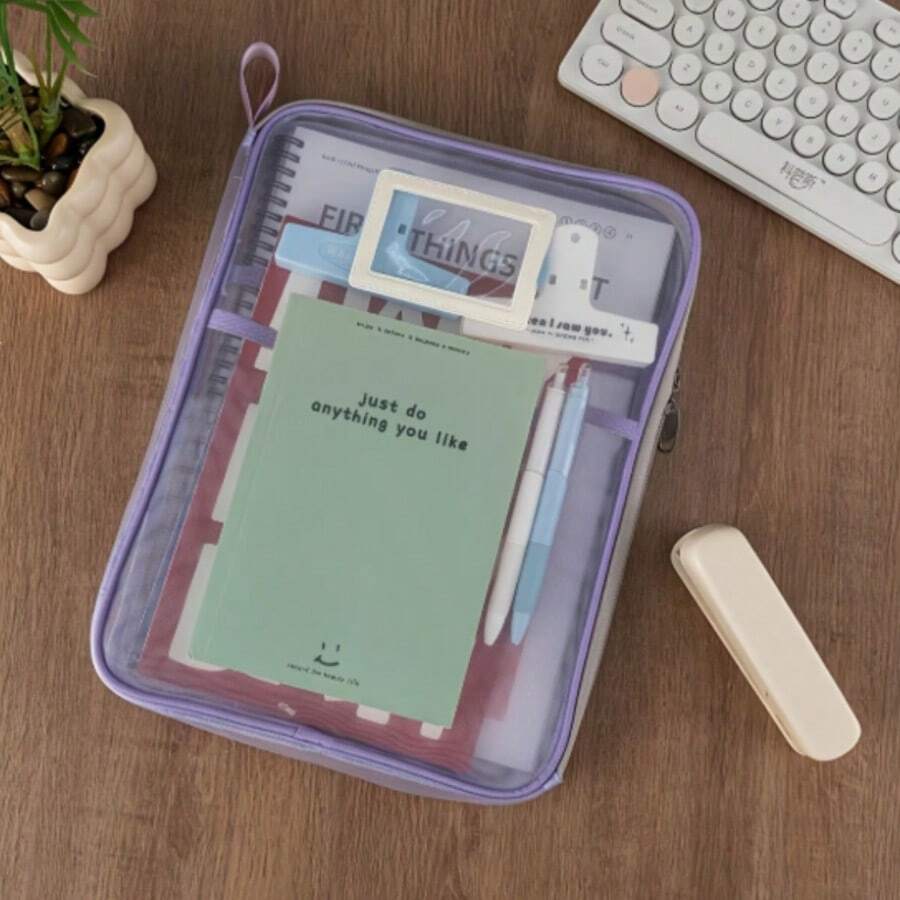 1pc Mesh Theme Storage Bag With L-Shaped Zipper - Large Capacity, Portable, Suitable For Students To Store Exam And Homework, Transparent File Bag, Exam Dedicated Bag - A - View 1