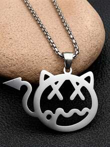 Collar de acero de titanio plateado minimalista "Gato Diablo" | Accesorio versátil unisex estilo "Baddie" Y2K | Regalo de pareja - Plateado - Ver 1