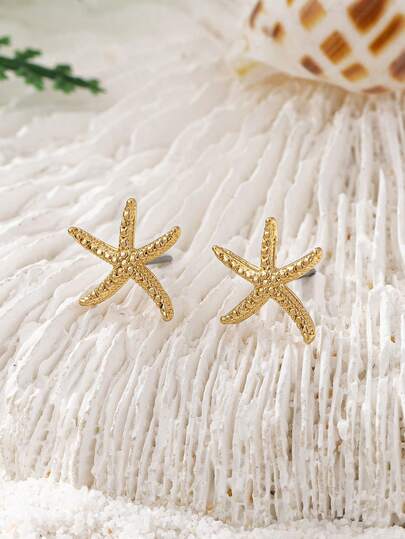 1 Pair Summer Celebration Gold Starfish Earrings, Made Of Zinc Alloy, Suitable For Women, Suitable For Beach Vacation And Casual Wear, Great Gift For Friends