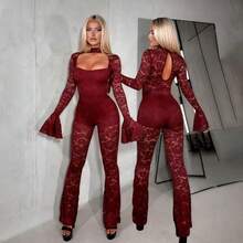 Yujie Style Spicy Girl Slim Fit And Slimming Party Street Fashion Sexy Hollow Trumpet Sleeves Lace Jumpsuit Pants - 酒紅色 - 查看 7