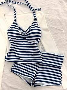 Bộ đồ bơi hai mảnh dành cho nữ, áo crop top kẻ sọc thanh lịch và gợi cảm kết hợp với quần short, thích hợp cho kỳ nghỉ, bãi biển, bơi lội và các dịp khác, phù hợp cho mùa Thu/Đông và Xuân/Hè 2026. - Màu xanh đậm - Xem 10