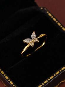 1枚S925纯银简约立方氧化锆蝴蝶戒指，女士时尚甜美百搭蝴蝶个性化优雅戒指礼物 - 蝴蝶型 - 查看 1