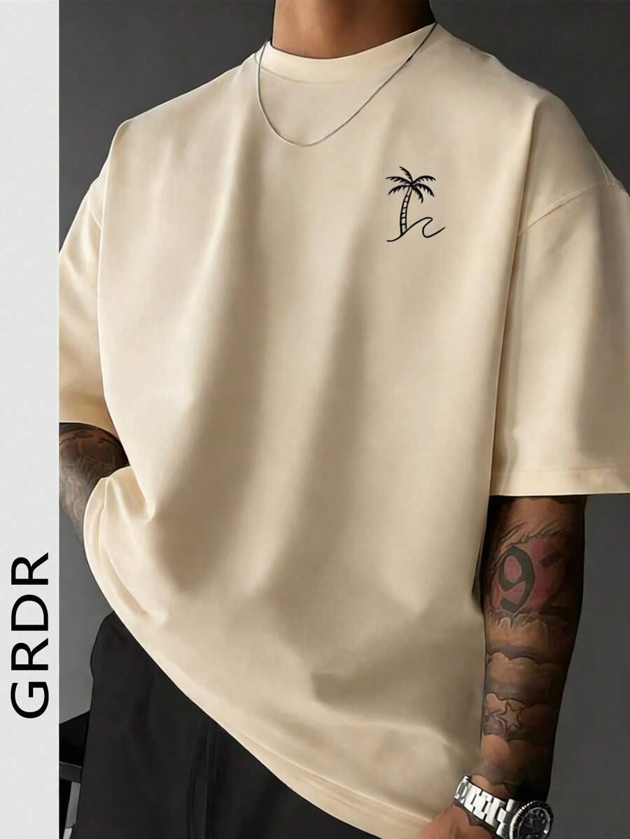 GRDR Camiseta de manga corta con cuello redondo y estampado de palmeras de moda para hombre, informal - Albaricoque - Ver 1