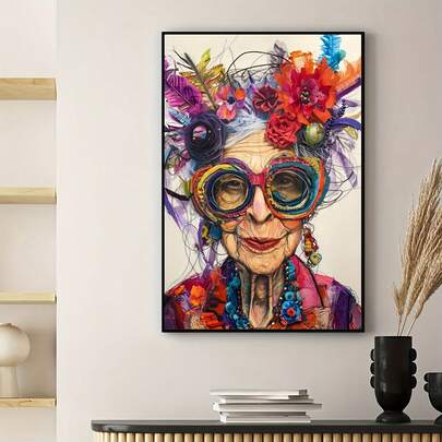 Vibrant Retro-Style Grandma Canvas Art Print - Colorful Floral Headpiece & Round Glasses, Modern Wall Decor For Living Room, Bedroom, Office, Kitchen, Bathroom, Bar, Cafe, Indoor Use, Frameless Poster, Bedroom Wall Art | Playful Design | Detailed Facial Features, Grandma Gifts