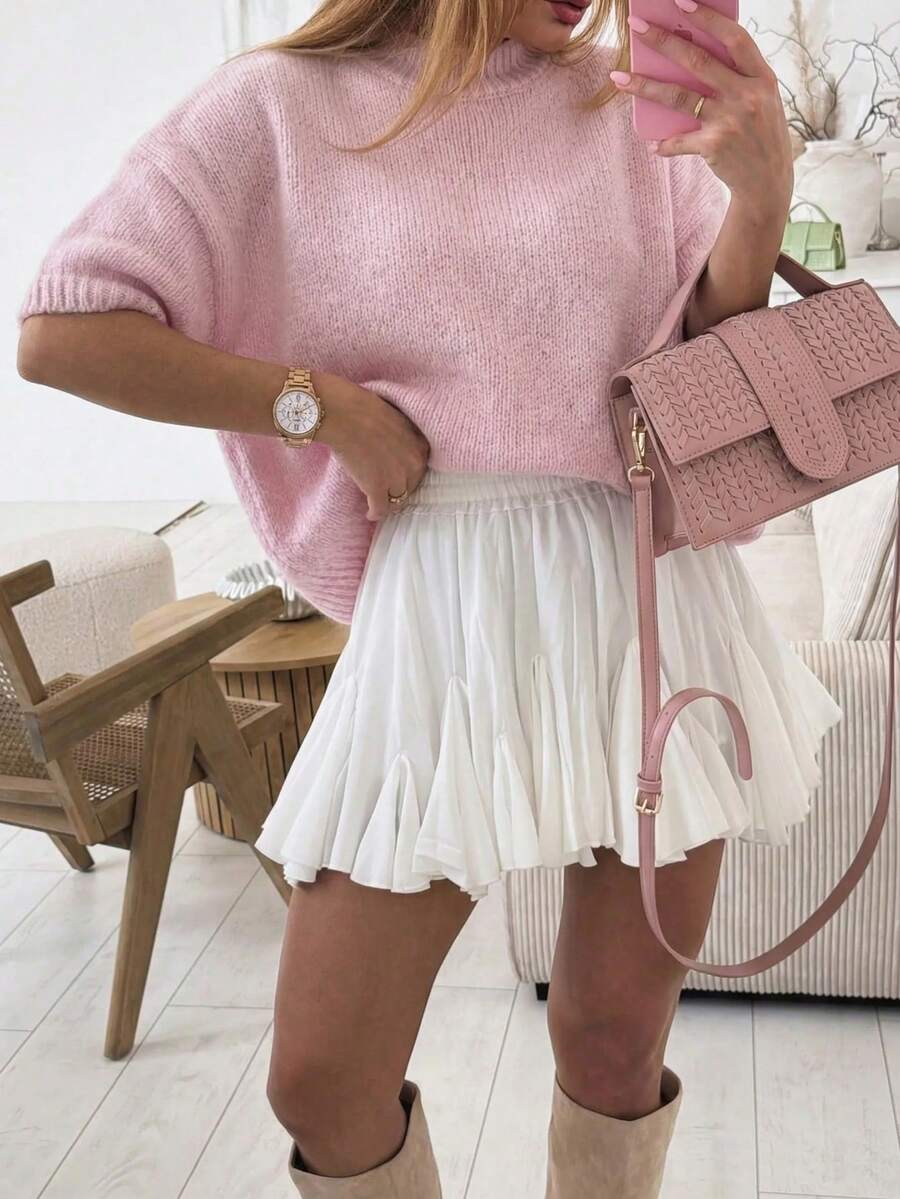 Áo croptop dệt kim tay ngắn gân sọc thời trang xuân/hè 2026 dành cho nữ, thiết kế vai rớt, màu hồng, thích hợp mặc hàng ngày. - Hồng - Xem 1