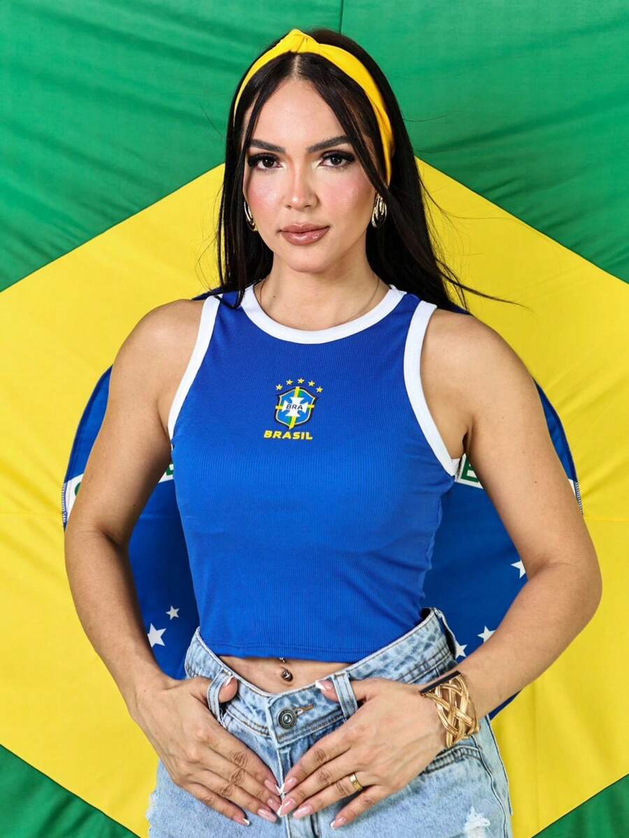 Women's Cropped Top, Brazilian National Team, Ribbed Tank Top, Basic, Casual, Comfortable,  Fashion, World Cup 2026 - 藍色 - 查看 1