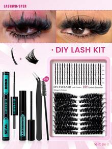 DIY睫毛嫁接套装 - D型卷翘浓密卡通风格假睫毛，包含胶水、卸妆液、镊子、刷子 - 可重复使用的假睫毛 - 彩色 - 查看 2