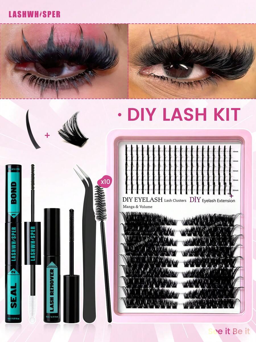 DIY睫毛嫁接套装 - D型卷翘浓密卡通风格假睫毛，包含胶水、卸妆液、镊子、刷子 - 可重复使用的假睫毛