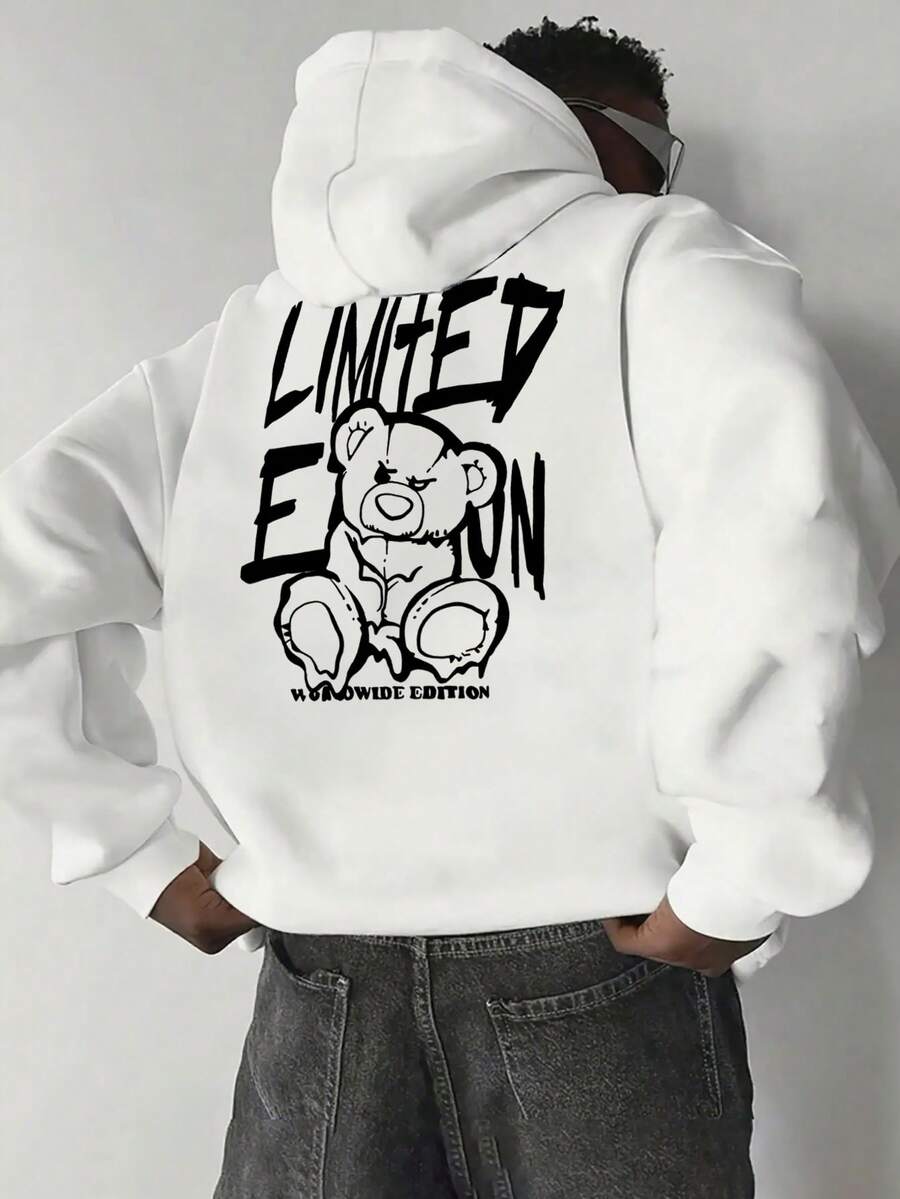 Áo hoodie nam thời trang thường ngày, đa năng, in chữ và hình gấu hoạt hình, có túi kangaroo, dây rút, thích hợp cho mùa Thu/Đông. - trắng - Xem 1