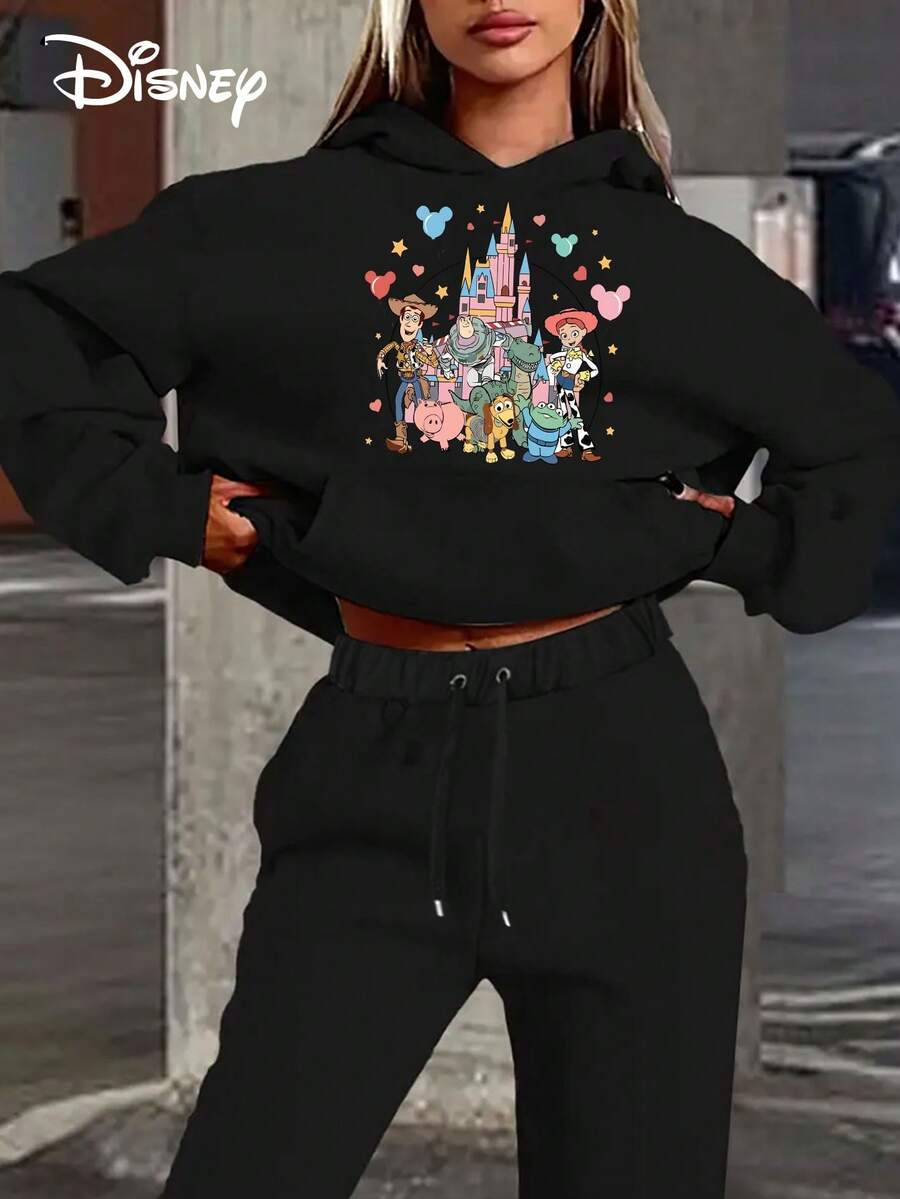 Disney Authorized, Loose Hooded Long Sleeved Top For Women, No Drawstring Hooded Sweatshirt Top, Hoodie,  Castle Cartoon Print - 黑色 - 查看 1