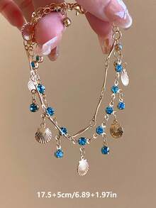1pc Shell & Zirconia Tassel Double-Layer Bracelet, Copper Material Bohemian Ocean Style Pendant Bracelet, Suitable For Women Beach Holiday & Daily Wear - Multicolor - View 6