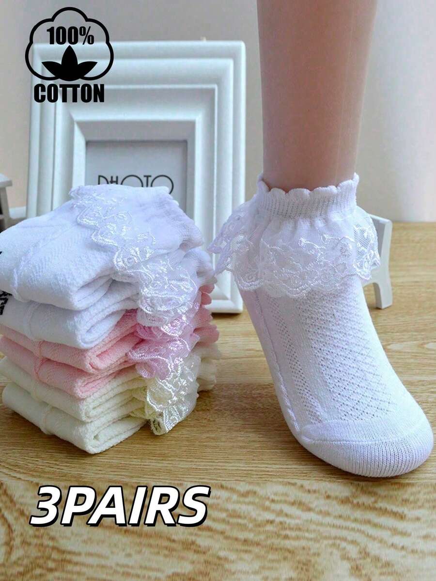 3 đôi tất trẻ em màu trơn, 100% cotton, kiểu ren, xếp ly, thích hợp cho các buổi tiệc tùng, khiêu vũ. - Nhiều màu - Xem 1