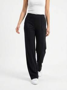 Black Soft Knit Wide Leg Pants With Ribbed Trim - Black - View 4
