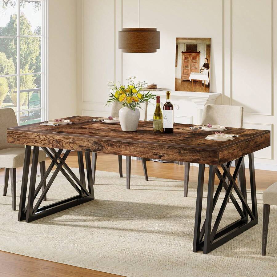 Tribesigns Dining Table For 4-6, 160 Cm Farmhouse Kitchen Table With Sturdy Metal Legs, Rectangular Dinner Furniture For Home, Living Room, Rustic Brown & Black - Brown - View 1