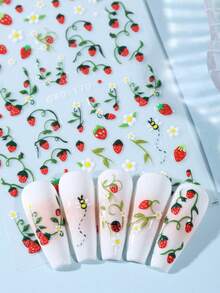 2 piezas Pegatinas 3D de verano con estampado de fresas dulces y margaritas, pegatinas de arte de uñas con diseños de fresas, mariquitas, hojas y enredaderas, suministros de manualidades adhesivos DIY - Multicolor - Ver 5