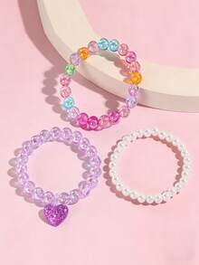 3pcs/Set Children's Minimalist Cute Heart Pendant Beaded Bracelet, Suitable For Girls' Daily Wear, Party, Gift - one-size - View 4
