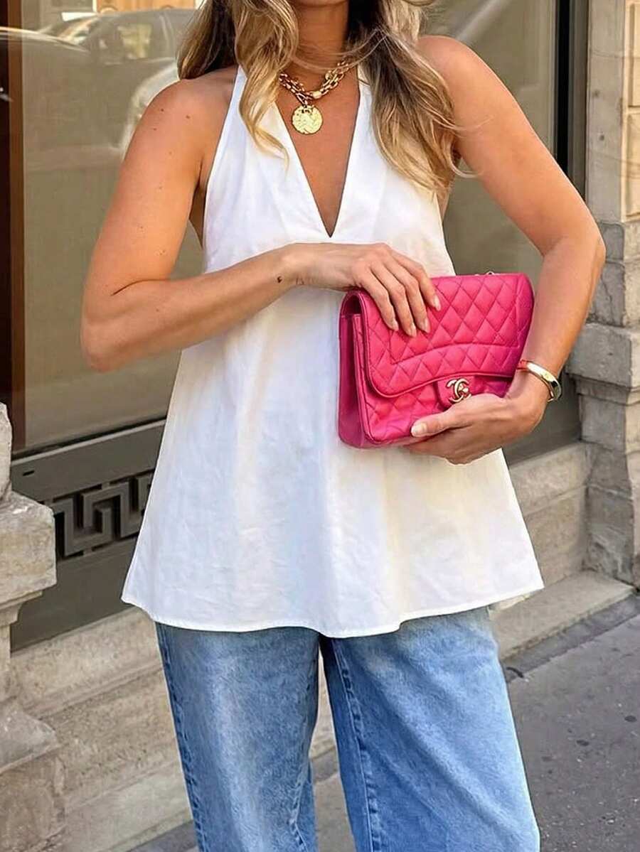 Urbanchic 极简主义系带V领露背吊带背心，适合度假、商务休闲等场合，风格端庄，适合婚礼季、情人节、老钱风格、宫廷风格、新年白色夏季穿着。 - 白色 - 查看 1