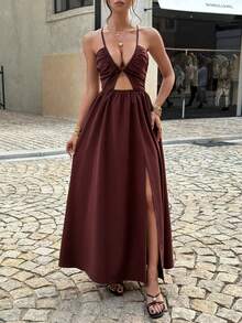 Unadoll Women's Summer Sexy Halter Deep V Ruched Cut Out Waist Back Lace Up Slit Hem Chocolate Brown Maxi Dress Elegant Vacation Party Outfit - Brown - View 5