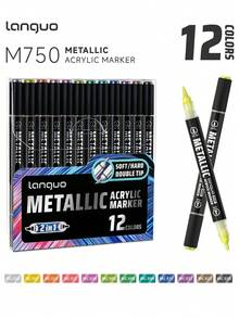 Set de 12/24/48 colores de marcadores de pintura acrílica de doble punta, con puntas suaves y firmes, control inteligente de tinta con cámaras de tinta duales, brillo metálico para escribir en múltiples superficies (modelo/piedra/vidrio/cerámica/madera), adecuado para pintura de figuritas, manualidades DIY, grafiti - Marcadores metálicos - Ver 12