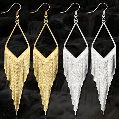 SHEEGIOR 1 Đôi bông tai tua rua dài, thích hợp cho khiêu vũ hiện đại, múa cột, múa bụng, phụ kiện màu vàng bạc, hình thoi hình học, bông tai lớn trang trí, phù hợp cho nữ giới mặc hàng ngày, tham gia các buổi tiệc khiêu vũ, trang trí thời trang.