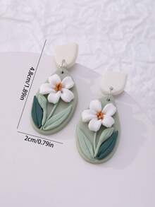 1 Pair Elegant & Pure Handmade Polymer Clay Green Base 3D White Lily Flower Earrings, Realistic & Unique Floral Earrings Suitable For Vacation & Gift - Mint Green - View 2