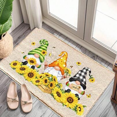 1pc Spring/Summer Series Gnome With Different Style Pointed Hat, Surrounded By Sunflower Field, Ladybug On Green Leaves, Various Floral Pattern Printed Faux Wool TPR Bottom Doormat, Bathroom Mat, Kitchen Mat, Laundry Room Mat, Holiday Decor, Home Decor, Party Decor, Wedding Decor, Kitchen & Dining Decor