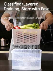 4pcs (4 Containers + 4 Colanders + 4 Lids) Double Layer Sealed Preservation Box – High Transparency Plastic Drainage Container For Fridge Fruit & Vegetable,Airtight Fridge Produce Storage Box – Double Layer High Transparency Plastic Container With Removable Colander - Bộ dụng cụ thoát nước hai lớp 4 chi tiết - Xem 8