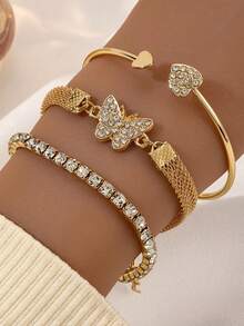 Juego de 3 piezas de pulseras de mujer con diseño de corazón abierto - creativo, retro, simple, pulsera de corazón y mariposa con suerte - Dorado - Ver 1