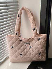 New Rhombus Bow Fashionable Korean Version Large Capacity Casual Unique Shoulder Tote Bag - Pink - View 10