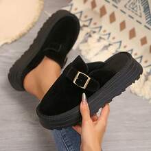 Women Low Heel Slip On Loafer Shoes Flat Round Toe Wedge Buckle Soft Bottom - 黑色 - 查看 3