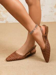 Vintage Brown Woven Criss-Cross Strap Flats - Pointed Toe Low Heel Summer Sandals - Brown - View 3