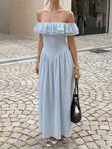 Unadoll 女士夏季性感单肩褶皱拉链设计优雅连衣裙，适合度假、约会、旅行、外出、生日、情人节等场合。 - 藍色 - 查看 5