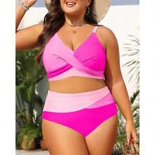 Plus Size Bikini-Pink Color Block Swimsuit - Twist Front V Neck& High Waisted Bottoms - 4XL - Women's Bathing Suit - 多色658 - 查看 1