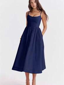 Gaun Pesta Elegan Musim Panas Wanita Ukuran Plus Warna Polos Seksi Leher U dengan Pinggang Berkerut - Navy Blue - View 5