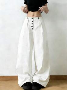 Women's Y2K Style White High Waisted Wide Leg Pants Button Front Pleated Casual Streetwear Going Out Trousers - White - View 5