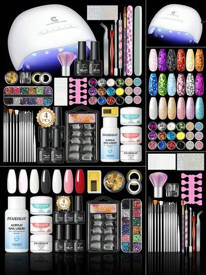  PEACECOLOR Acrylic Nail Kit With UV LED Lamp 4 Colors Nail Gel Polish Set Base Top Coat 3 Colors Acrylic Nail Powder With Acrylic Liquid Nail Glitter Power Starter Kit Gift For Women
