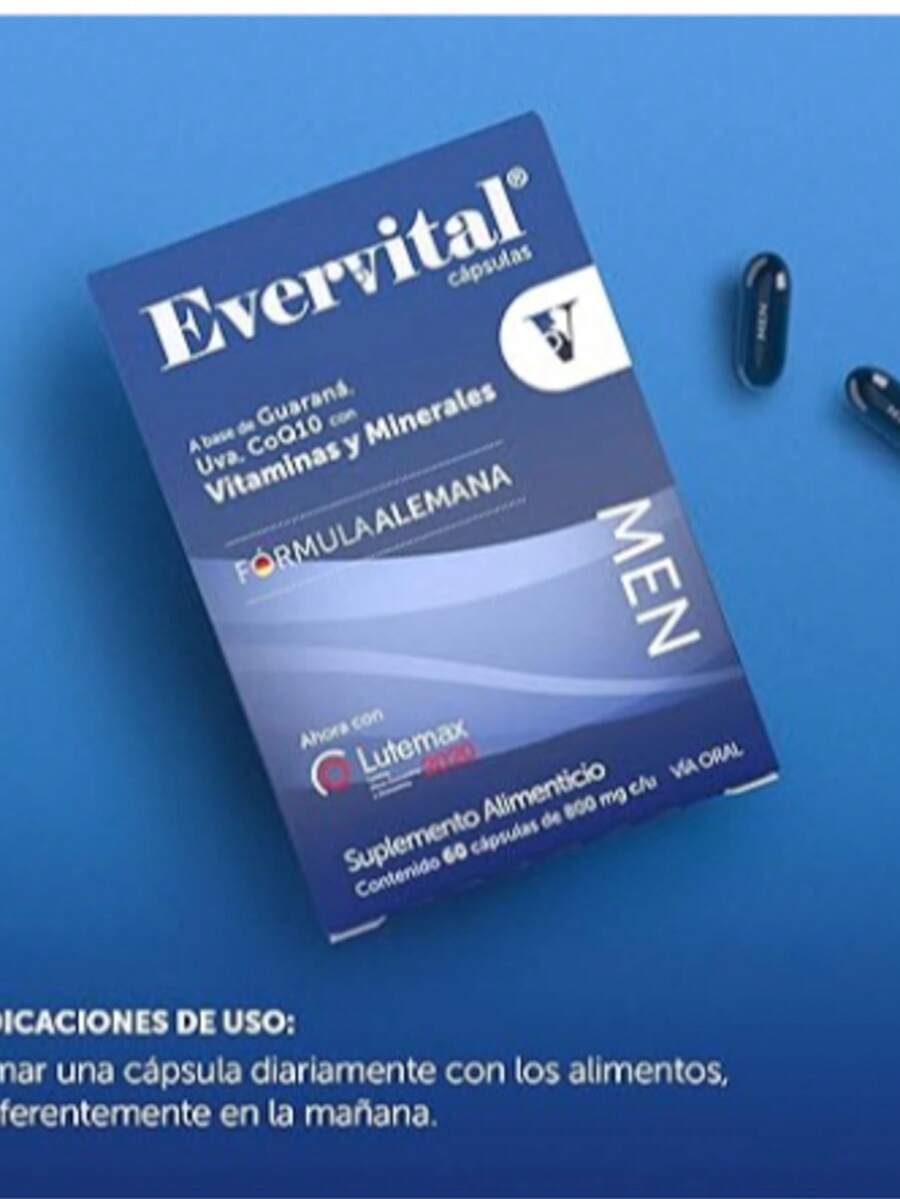 Bomuca - Evervital Men 60 Cápsulas, Suplemento Alimenticio, Vitaminas y Minerales, Guarana, CoQ10, Lutemax 2020, - Neblina azul - Ver 1