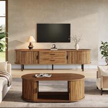 LITTLE TREE 70" Mid-Century Modern TV Stand,Entertainment Center With Sliding Tambour Door, Drawers And Adjustable Shelves, Long Fluted Media Console Television Stand Cabinet, Walnut - Quả óc chó - Xem 10