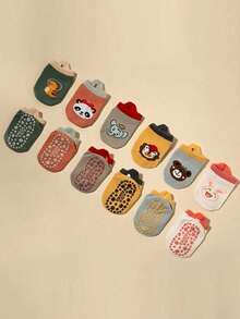 6双棉质防滑点状防滑地板袜，可爱卡通婴儿/儿童船袜 - 彩色 - 查看 3