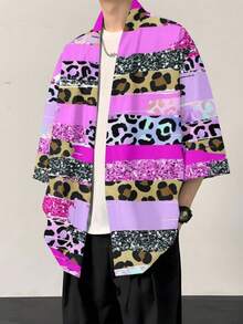 Eye-Catching Style Summer Pink-Purple Leopard & Sequin Patchwork Print Men's Loose Kimono Cardigan - 彩色 - 查看 2