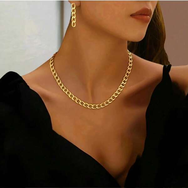 1 Set de pendientes de cadena de metal minimalista y elegante + 1 pieza de collar de cadena fresca, conjunto de joyas versátil para mujeres