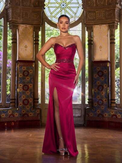 Faeriesty Vestido de noche formal elegante sin tirantes para mujer, con corte ajustado y abertura alta, ideal para eventos de alfombra roja, cenas de etiqueta, galas formales, banquetes de lujo y grandes celebraciones