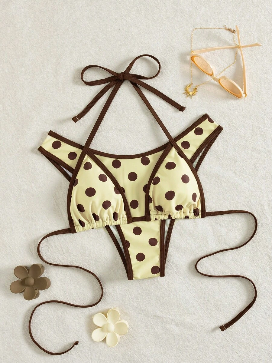 PEPPERMOLLY 2pcs/Set Women's Sexy & Fashionable Black & White Bikini Swimsuit, Summer Beach Wear - Apricot Yellow - View 1