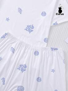 2pcs Set White Base Minimalist Ocean Summer Elements Blue Seahorse Shell Conch Coral Starfish Print Sleepwear Set For Women, Comfortable Short Sleeve Round Neck Pullover Shirt And Elastic Waist Shorts, Stylish For Outdoor, Indoor, All Seasons - 白色 - 查看 9